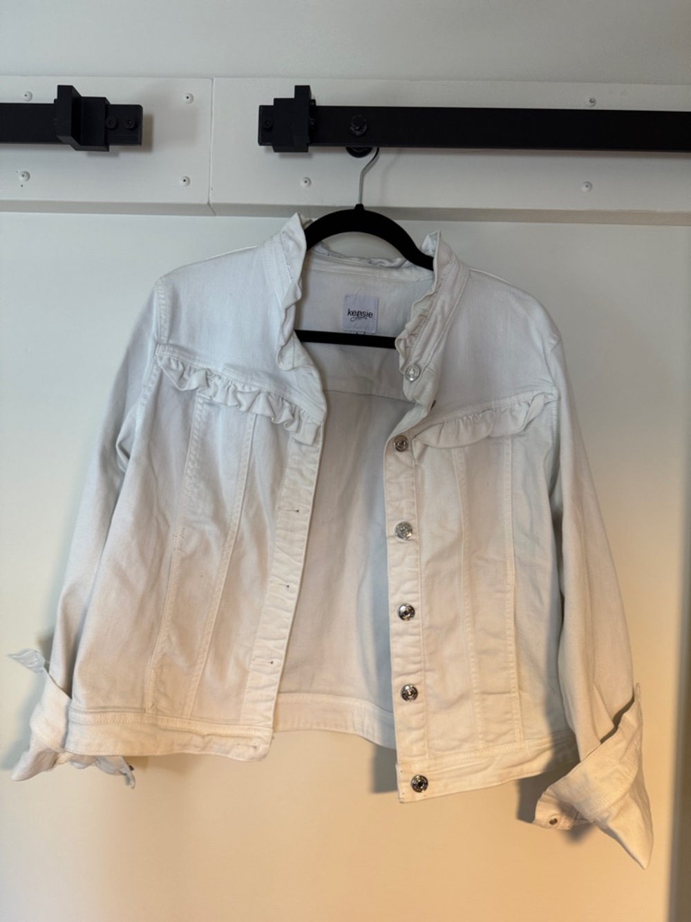 Kensie White Ruffle-Trim Denim Jacket - Women’s Jean Jacket